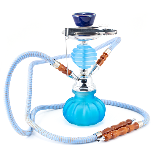 HOOKAH - 27cm 2 HOSE LIGHT BLUE GLASS CHROME METAL BLUE CONE The Bong Shop