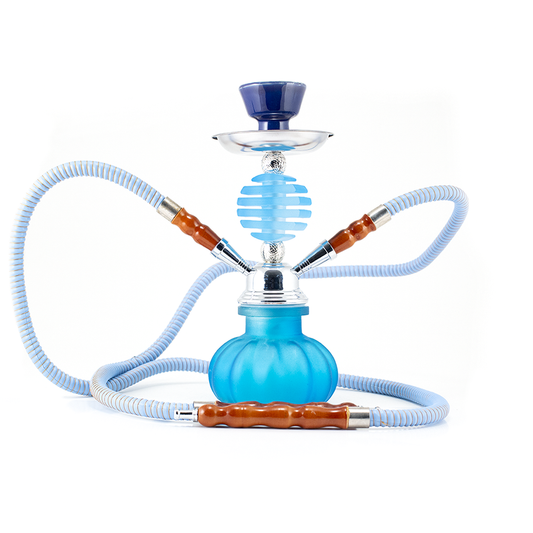 HOOKAH - 27cm 2 HOSE LIGHT BLUE GLASS CHROME METAL BLUE CONE The Bong Shop