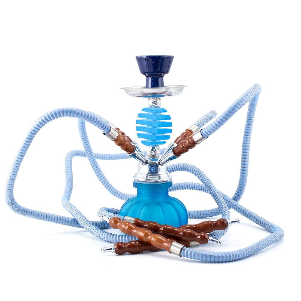 HOOKAH - 27cm 4 HOSE LIGHT BLUE GLASS CHROME METAL BLUE CONE The Bong Shop