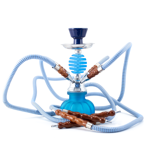 HOOKAH - 27cm 4 HOSE LIGHT BLUE GLASS CHROME METAL BLUE CONE The Bong Shop