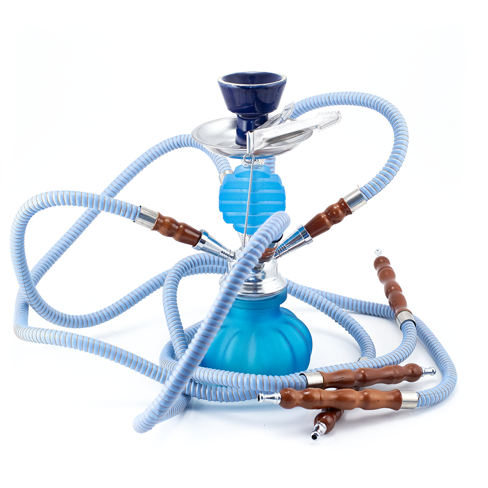 HOOKAH - 27cm 4 HOSE LIGHT BLUE GLASS CHROME METAL BLUE CONE The Bong Shop