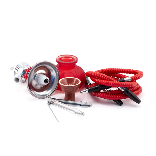 HOOKAH - 25cm 2 HOSE RED GLASS CHROME METAL RED CONE The Bong Shop