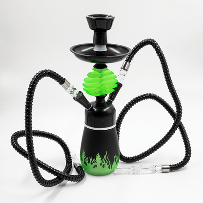 HOOKAH - 32cm 2 HOSE LIME FLAMES ACRYLIC BLACK METAL BK CONE TUBE The Bong Shop