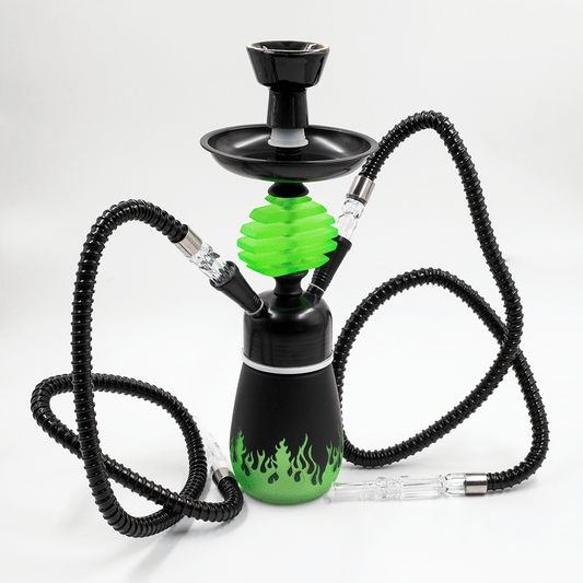 HOOKAH - 32cm 2 HOSE LIME FLAMES ACRYLIC BLACK METAL BK CONE TUBE The Bong Shop