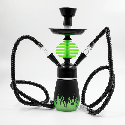 HOOKAH - 32cm 2 HOSE LIME FLAMES ACRYLIC BLACK METAL BK CONE TUBE The Bong Shop