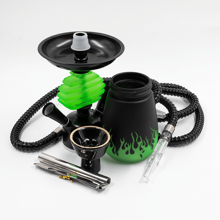 HOOKAH - 32cm 2 HOSE LIME FLAMES ACRYLIC BLACK METAL BK CONE TUBE The Bong Shop