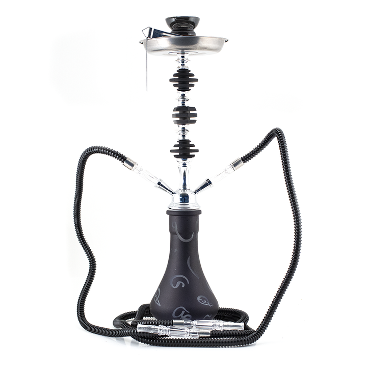 HOOKAH - 54cm 2 HOSE BLACK ARABIC GLASS CHROME METAL BLK CONE The Bong Shop