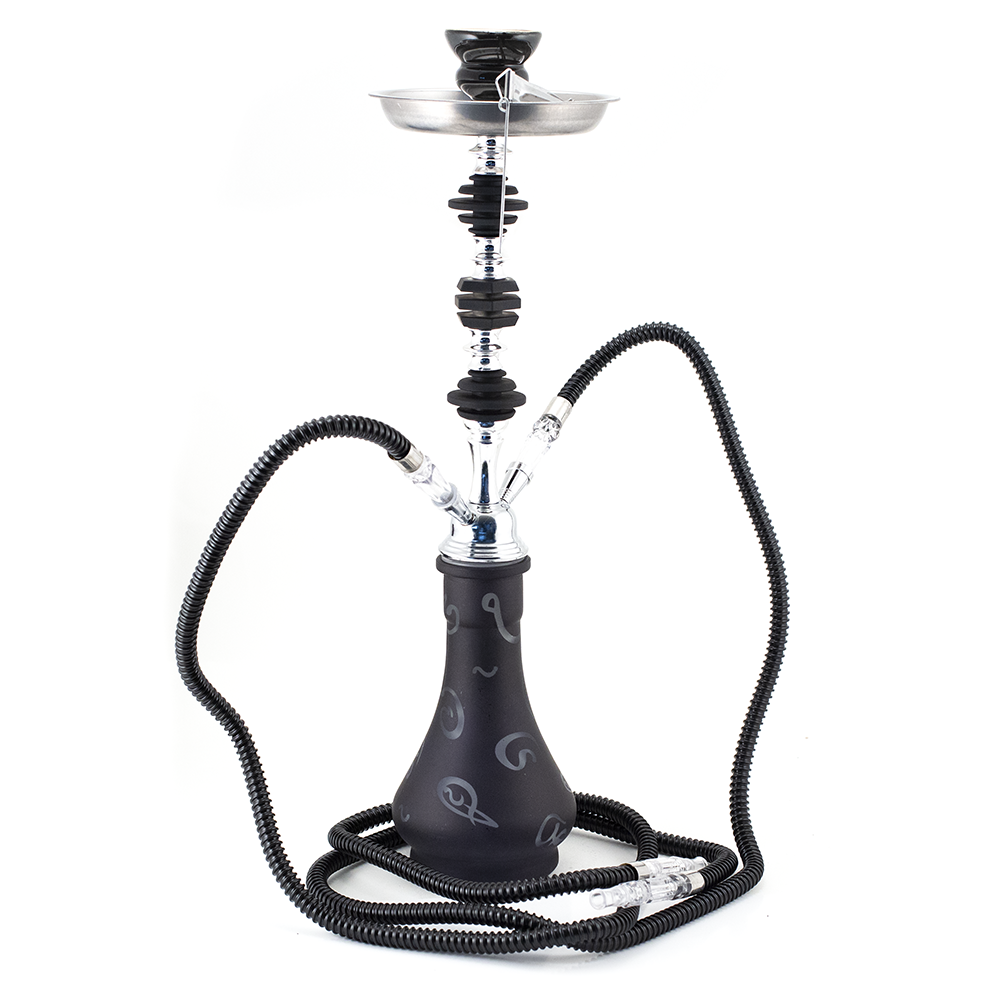 HOOKAH - 54cm 2 HOSE BLACK ARABIC GLASS CHROME METAL BLK CONE The Bong Shop