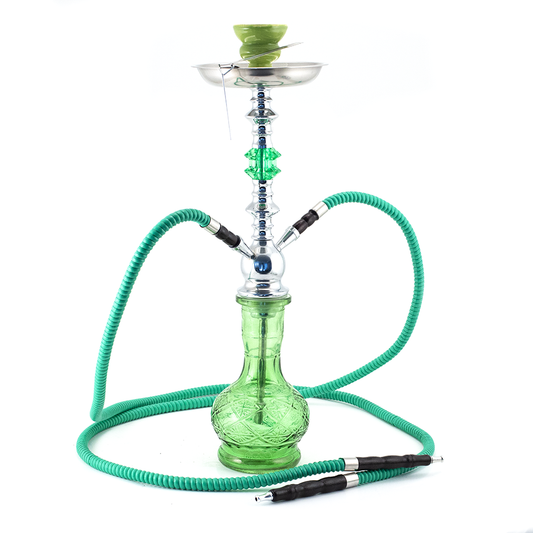 HOOKAH - 51cm 2 HOSE GREEN GLASS CHROME METAL GREEN CONE The Bong Shop
