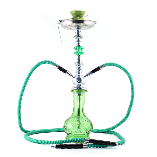 HOOKAH - 51cm 2 HOSE GREEN GLASS CHROME METAL GREEN CONE The Bong Shop