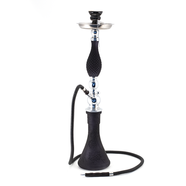 HOOKAH - 65cm 1 HOSE MATT BLK PATTERN GLASS CHROME METAL BLACK CONE The Bong Shop