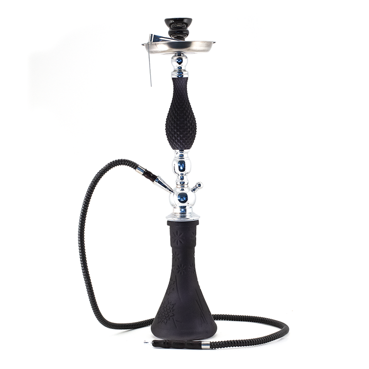 HOOKAH - 65cm 1 HOSE MATT BLK PATTERN GLASS CHROME METAL BLACK CONE The Bong Shop