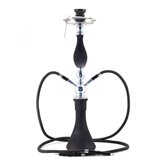 HOOKAH - 65cm 2 HOSE MATT BLK PATTERN GLASS CHROME METAL BLACK CONE The Bong Shop