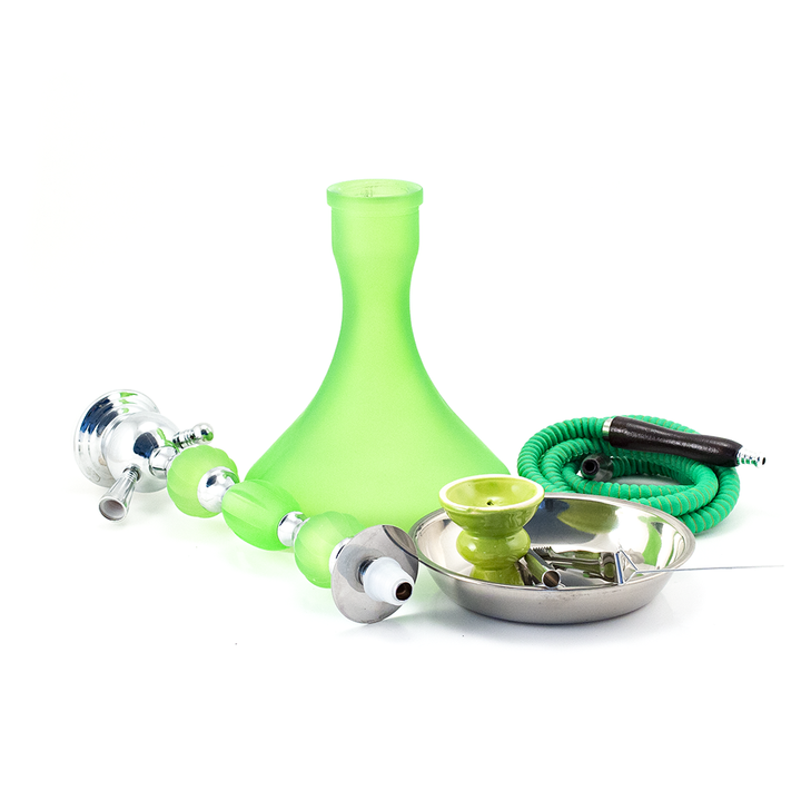 HOOKAH - 65cm 1 HOSE GREEN GLASS CHROME METAL 3 BUMP GREEN CONE The Bong Shop