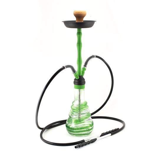 HOOKAH - 70cm 2 HOSE GREEN SWIRL GLASS BLK ZINC ALLOY METAL NECK NATURAL CONE The Bong Shop
