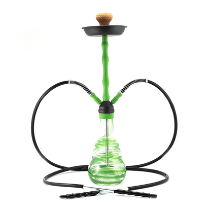 HOOKAH - 70cm 2 HOSE GREEN SWIRL GLASS BLK ZINC ALLOY METAL NECK NATURAL CONE The Bong Shop