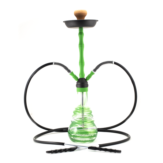 HOOKAH - 70cm 2 HOSE GREEN SWIRL GLASS BLK ZINC ALLOY METAL NECK NATURAL CONE The Bong Shop
