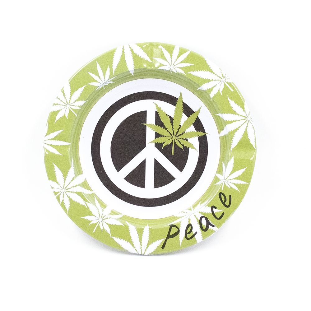 ASHTRAY - METAL GREEN PEACE WHITE LEAVES The Bong Shop