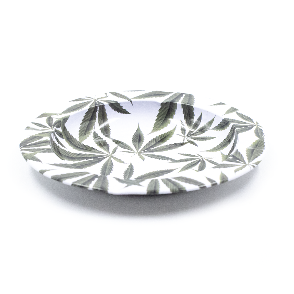 ASHTRAY - METAL WHITE W/GREEN LEAVES CIRCLE The Bong Shop