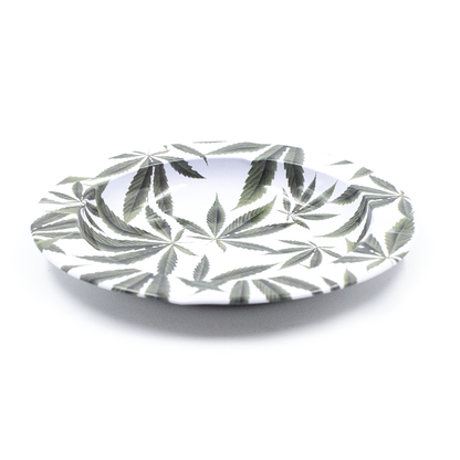 ASHTRAY - METAL WHITE W/GREEN LEAVES CIRCLE The Bong Shop
