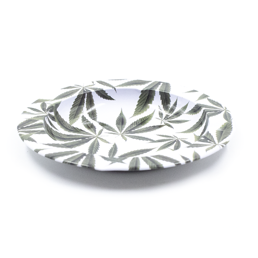 ASHTRAY - METAL WHITE W/GREEN LEAVES CIRCLE The Bong Shop