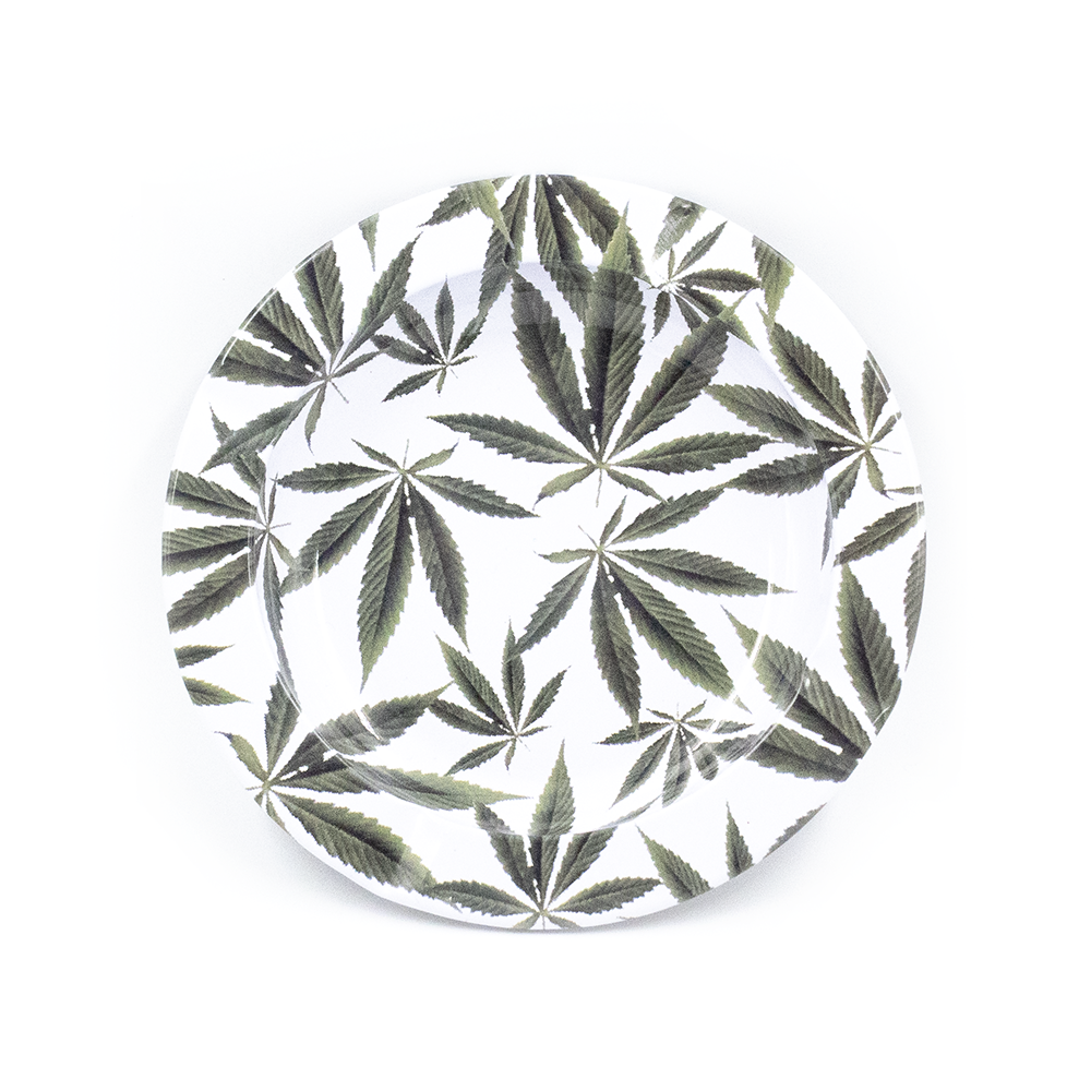 ASHTRAY - METAL WHITE W/GREEN LEAVES CIRCLE The Bong Shop