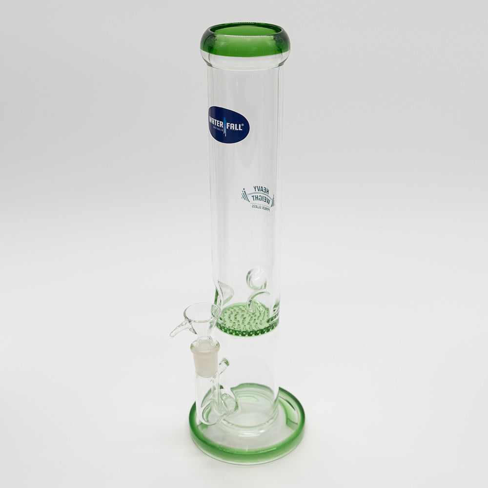 GLASS BONG- D7 CLEAR W/GREEN TRIM HONEYCOMB CATCHER 30cm H 4mm TH Waterfall