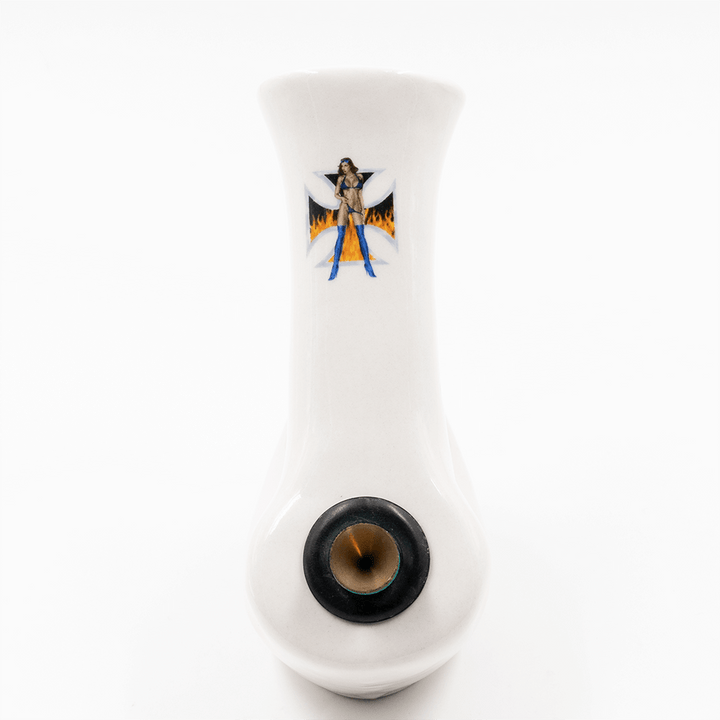 Walking Man Ceramic Bong - White (Lady & Flaming Cross) Waterfall