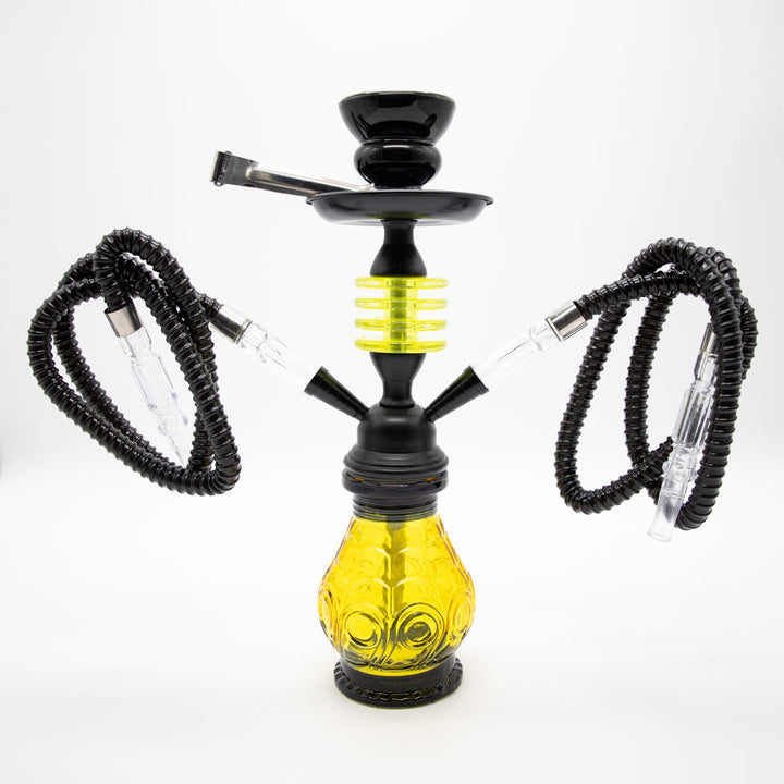 HOOKAH - 32cm 2 HOSE ORANGE GLASS W/ ROUND DISC NECK BLACK METAL & CONE The Bong Shop