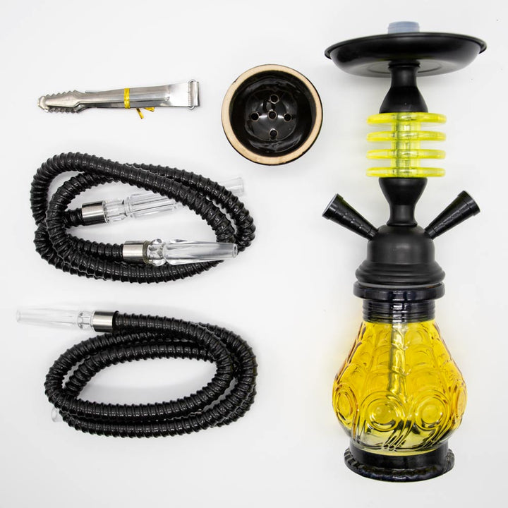 HOOKAH - 32cm 2 HOSE ORANGE GLASS W/ ROUND DISC NECK BLACK METAL & CONE The Bong Shop