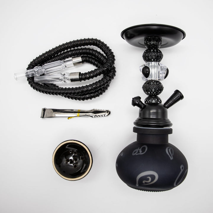 HOOKAH - 26cm 1 HOSE BLACK ARABIC GLASS BLACK METAL & CONE The Bong Shop