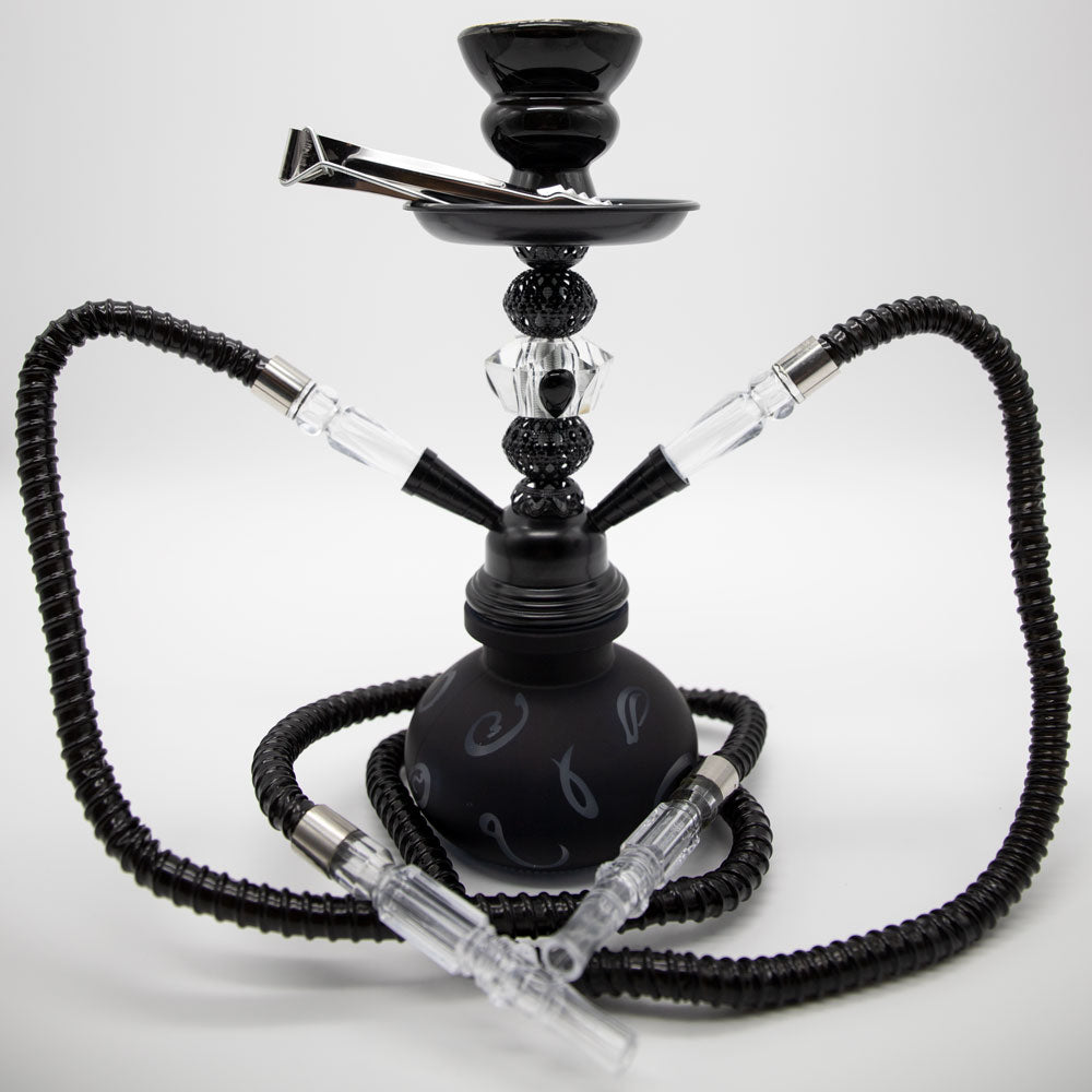 HOOKAH - 26cm 2 HOSE BLACK ARABIC GLASS BLACK METAL & CONE The Bong Shop