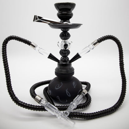 HOOKAH - 26cm 2 HOSE BLACK ARABIC GLASS BLACK METAL & CONE The Bong Shop