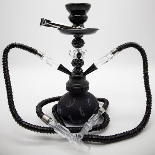 HOOKAH - 26cm 2 HOSE BLACK ARABIC GLASS BLACK METAL & CONE The Bong Shop