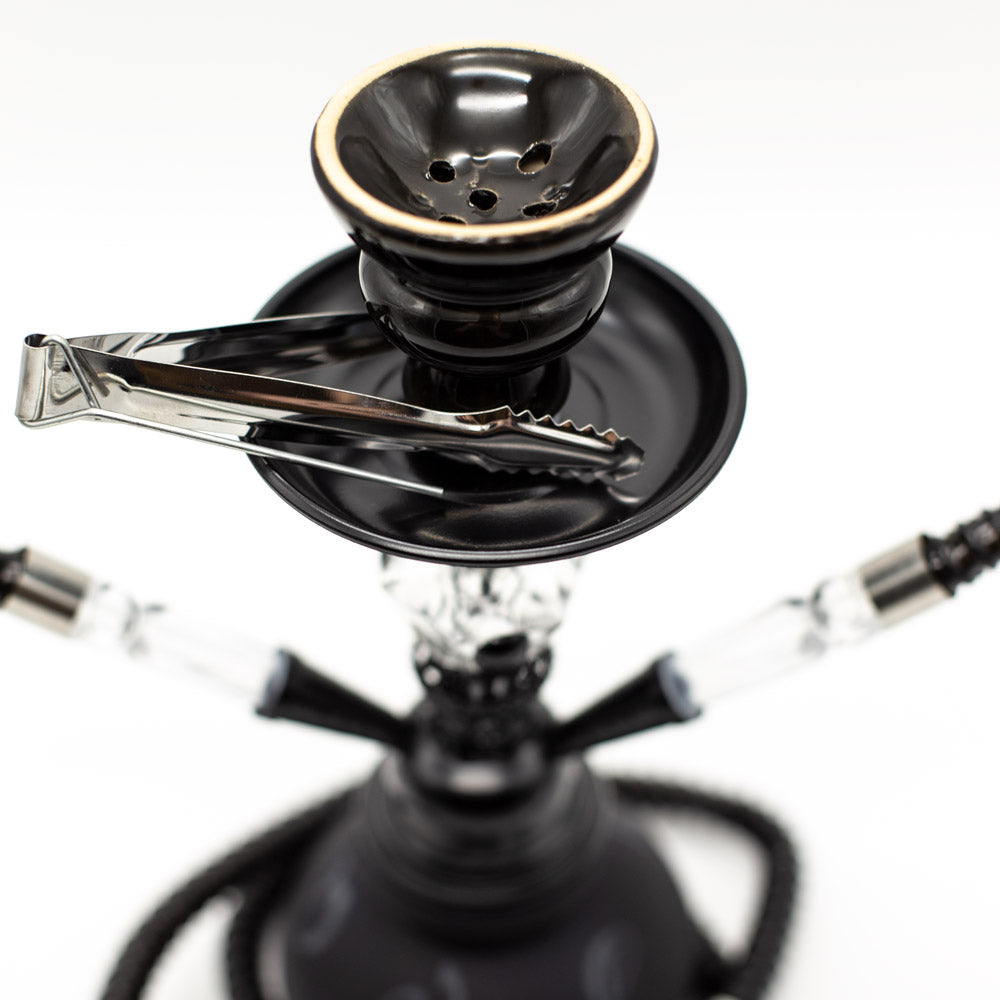 HOOKAH - 26cm 2 HOSE BLACK ARABIC GLASS BLACK METAL & CONE The Bong Shop