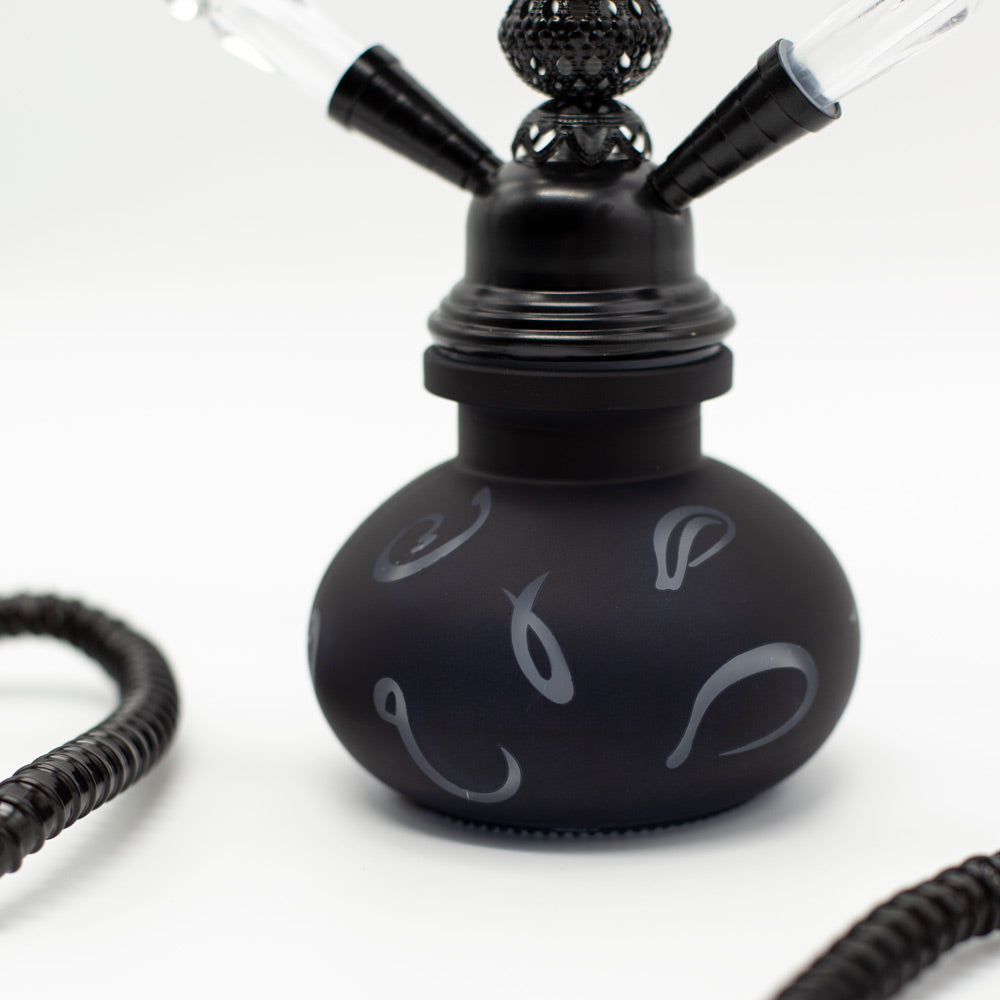 HOOKAH - 26cm 2 HOSE BLACK ARABIC GLASS BLACK METAL & CONE The Bong Shop