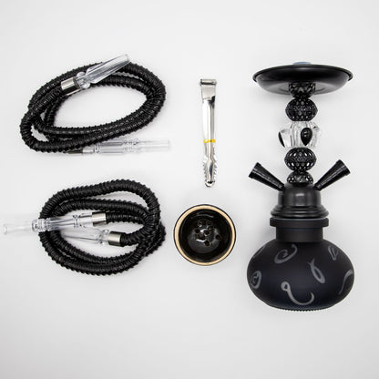 HOOKAH - 26cm 2 HOSE BLACK ARABIC GLASS BLACK METAL & CONE The Bong Shop