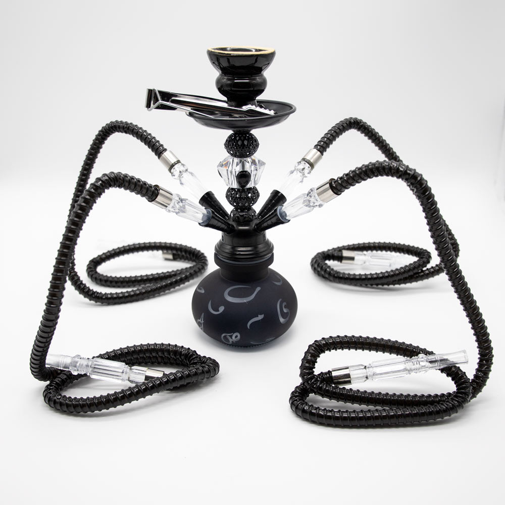 HOOKAH - 26cm 4 HOSE BLACK ARABIC GLASS BLACK METAL & CONE The Bong Shop