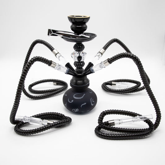 HOOKAH - 26cm 4 HOSE BLACK ARABIC GLASS BLACK METAL & CONE The Bong Shop