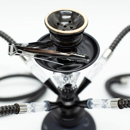 HOOKAH - 26cm 4 HOSE BLACK ARABIC GLASS BLACK METAL & CONE The Bong Shop