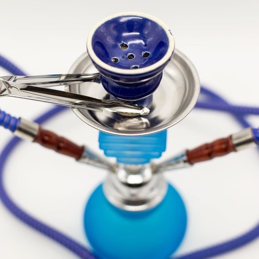 Light Blue Smooth Bubble Glass Chrome Metal Hookah [Two Hose] The Bong Shop
