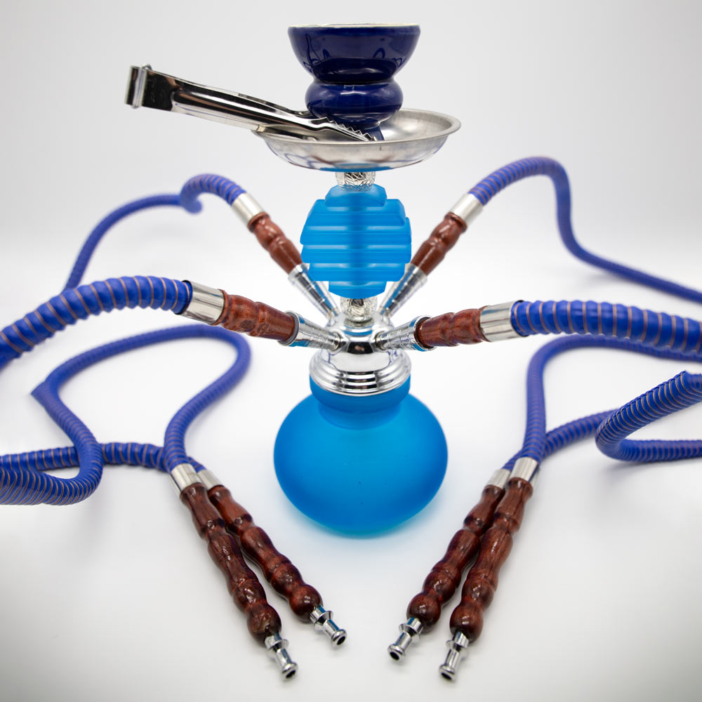 Light Blue Smooth Bubble Glass Chrome Metal Hookah [Four Hose] The Bong Shop