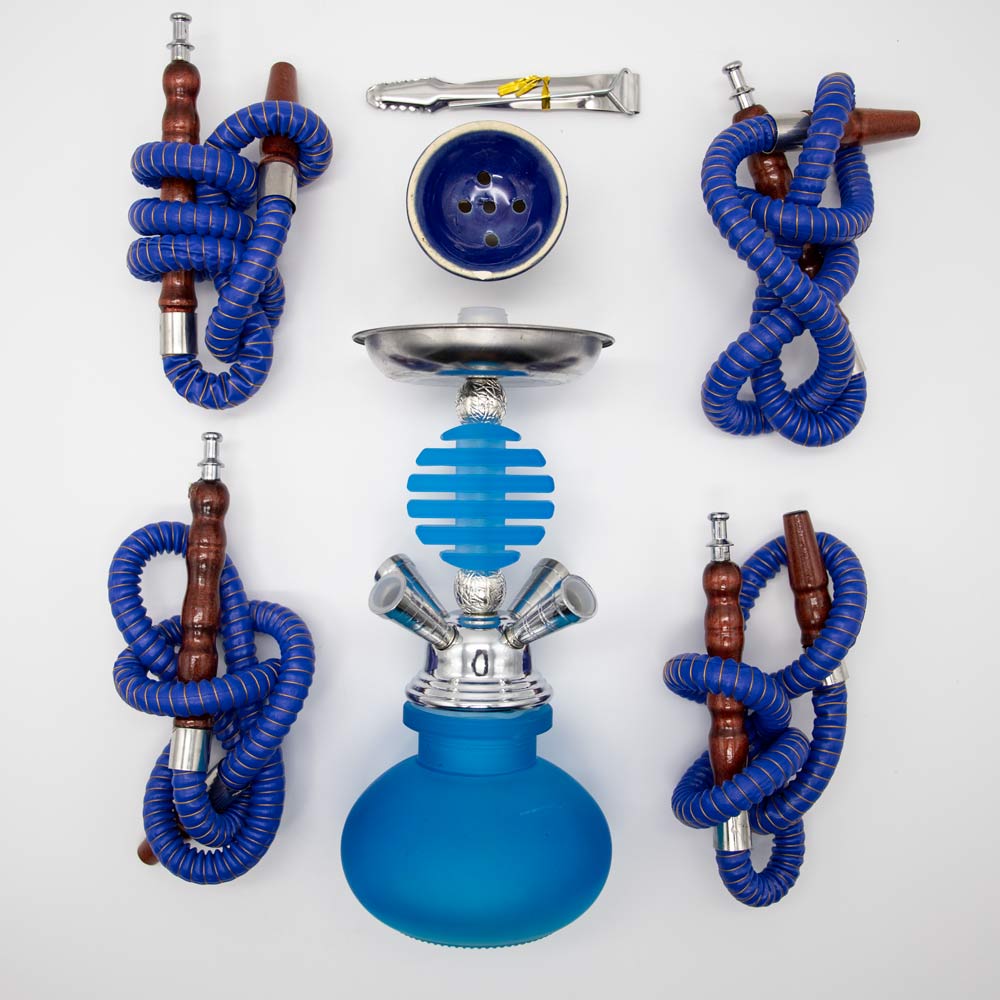 Light Blue Smooth Bubble Glass Chrome Metal Hookah [Four Hose] The Bong Shop