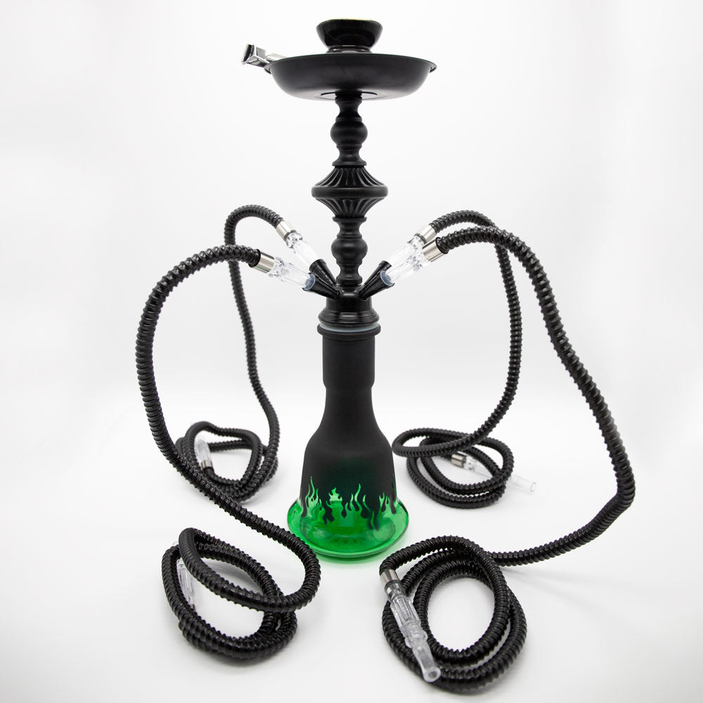 Green Flames Glass Black Metal Hookah [Four Hose] The Bong Shop
