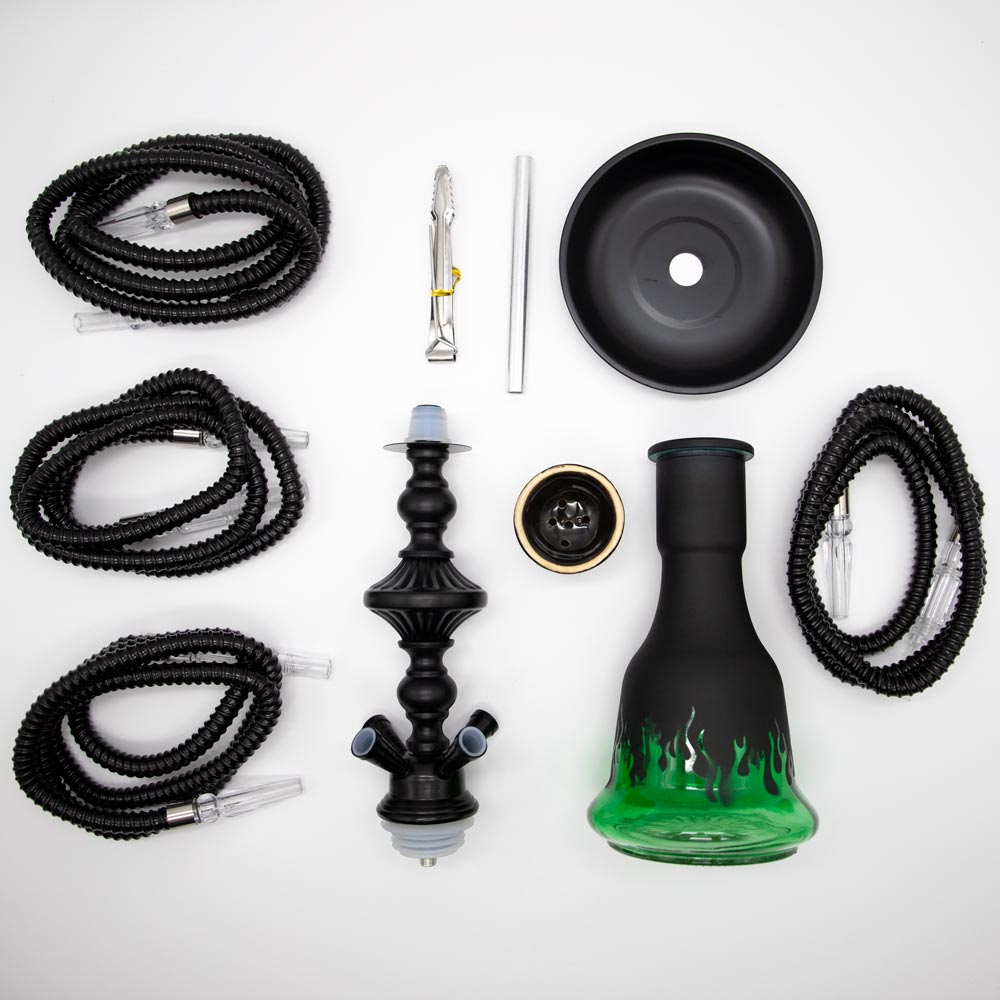 Green Flames Glass Black Metal Hookah [Four Hose] The Bong Shop