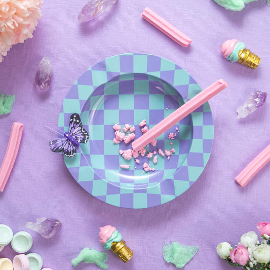Green & Purple Checkers Metal Ashtray Planet X