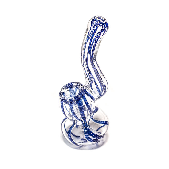GLASS BUBBLER - 12CM CLEAR WITH BLUE THREAD STRIPES The Bong Shop