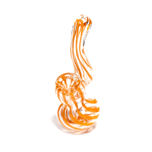 GLASS BUBBLER - 12CM CLEAR WITH ORANGE AND MIXED STRING STRIPES The Bong Shop