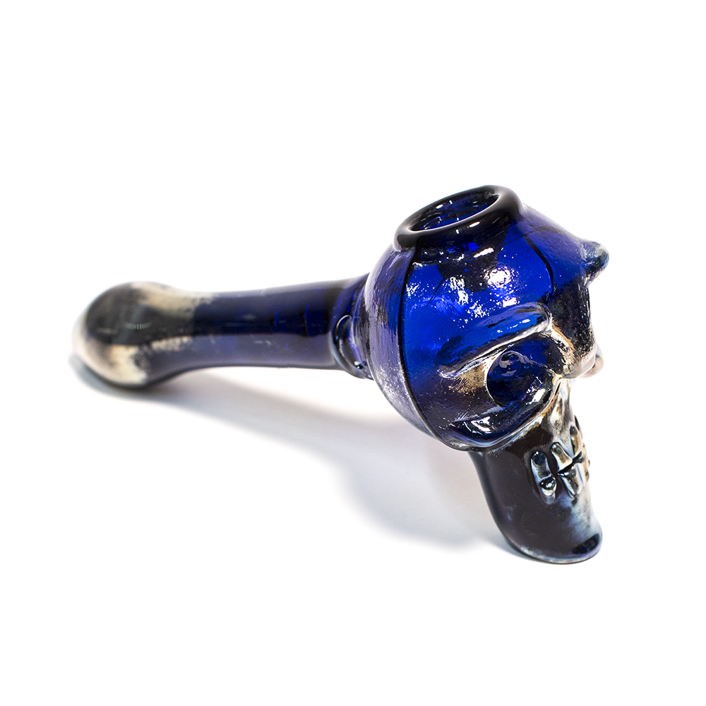 PIPE - GLASS BLUE TUBE/SILVER FUMED SKULL The Bong Shop