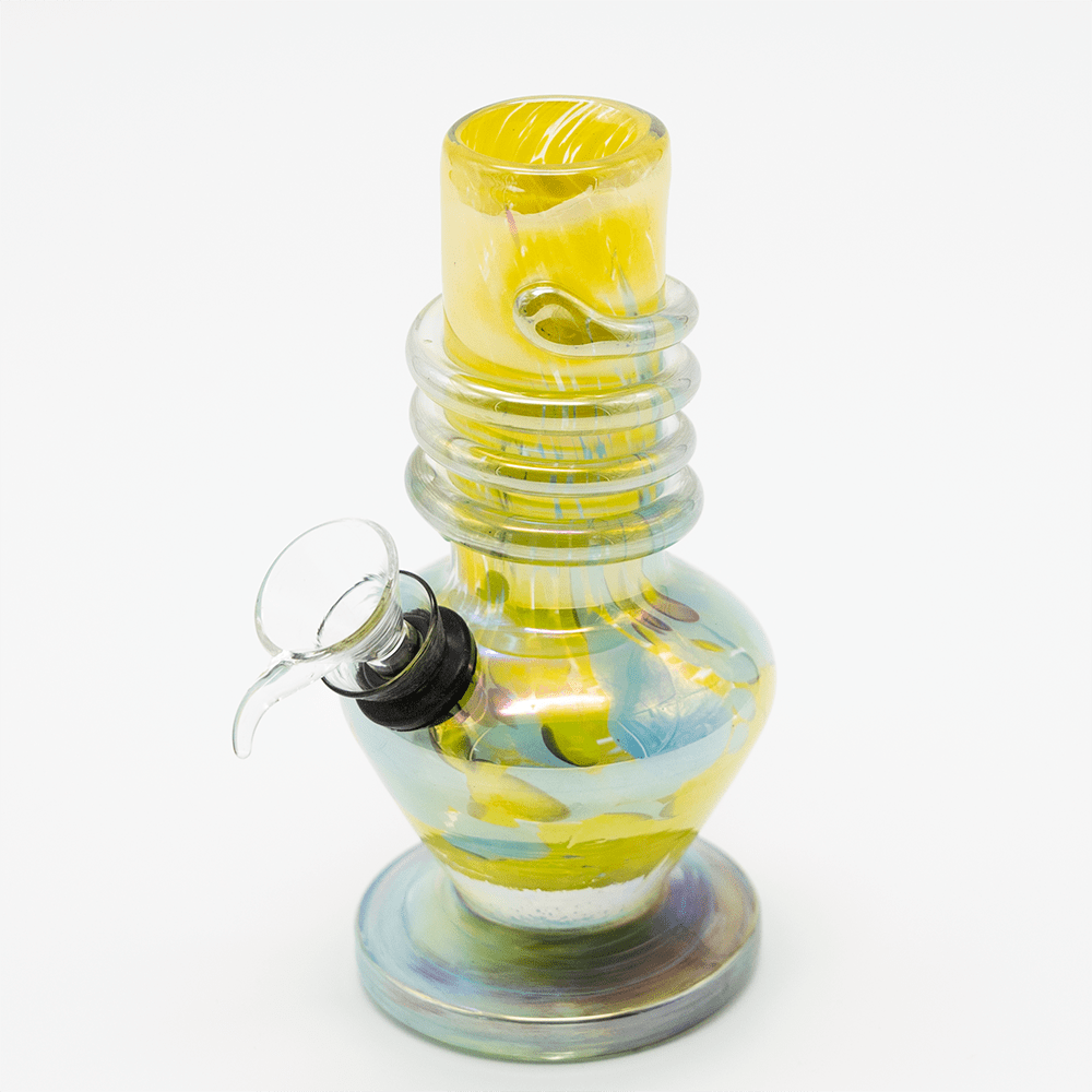 GLASS BONG- MINI NOVA 14cm METALLIC YELLOW W/AQUA CLOUD S/GLASS Planet X